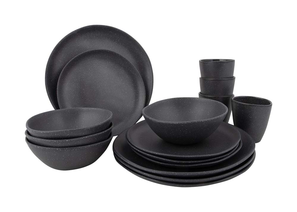 6181580 This dark gray Hoxton dinnerware set from the Urban Outdoor collection has a rugged and stone-like look. In addition to the rugged design, the dinnerware is very light and sturdy. The dinnerware is great to use on the campsite, as it is virtually unbreakable and scratch resistant. The Hoxton dinnerware is also excellent for use at home and in the garden!  The 16-piece set is made of high quality 100% melamine, dishwasher safe and food approved. This stylish set is suitable for 4 people and consists of 4 dinner plates, 4 breakfast plates, 4 bowls and 4 mugs. Dimensions: Ø Plate: 26 cm. Ø Plate: 20.5 cm. Ø Bowl: Ø 15 cm Mug: Ø 8.5 cm. Content Bowl: 500 ml. Content Mug: 250 ml.
