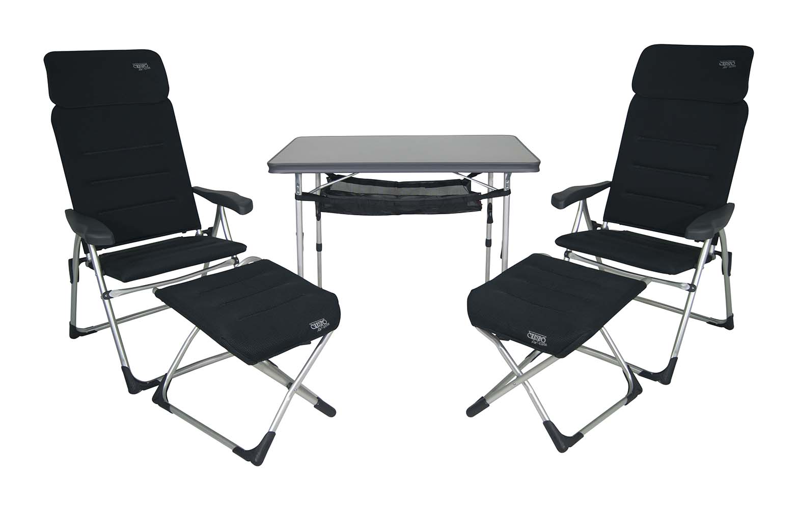 1104959 A set consisting of 2 AA-213 Air-Elite Compact chairs with corresponding footrests, a table AL-246 with storage net, and a storage case. A very compact and ideal set for 2 people. The set is easy to carry in a very compact manner, including a storage case. In total, the set is foldable to a thickness of only 26 cm.