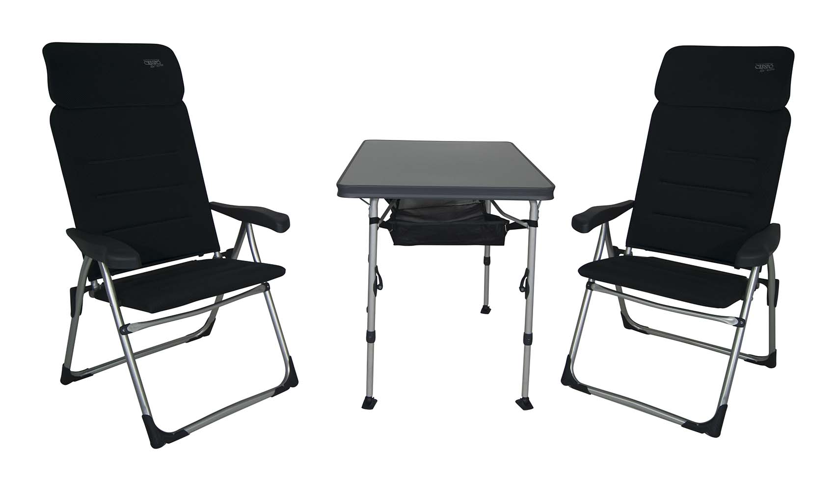 1104968 A set consisting of 2 AA-213 Air-Elite Compact chairs, a table AL-246 with storage net, and a storage case. A very compact and ideal set for 2 people. The set is easy to carry in a very compact manner, including a storage case. In total, the set is foldable to a thickness of only 18 cm.