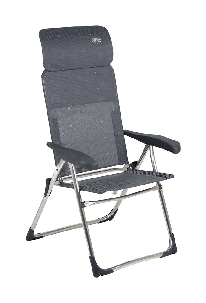 1104970 An extremely compact positionable seat. Also the most flat camping chair. This chair folds flat to a thickness of only 5 centimetres This chair offers maximum comfort through the 7 position adjustable backrest and a continuously adjustable headrest (back length: 65-83 cm). The chair has a U-frame with stabilizers and extra thick tubes for additional sturdiness and stability. Easily folding and extra compact to store. Ideal for the tent trailer, bus camper or for other campers.