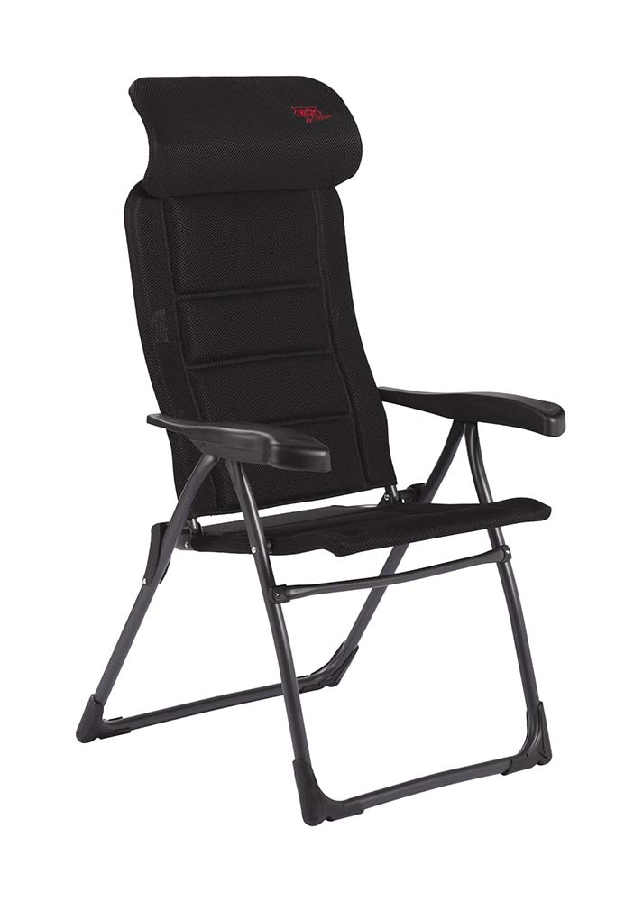 1148020 Een lichtgewicht en extra stevige standenstoel met een verstelbare hoofdsteun. Deze stoel biedt maximaal comfort door de in 7 standen verstelbare rugleuning en de gepolsterde 3D stof. De comfortabele vulling van deze stof is extra luchtdoorlatend en houdt door de open celstructuur geen vocht vast. Hierdoor is de stoel veel sneller droog dan stoelen met een traditionele schuimvulling. Daarnaast zijn zowel de rugleuning, de zitting en de armleggers ergonomisch gevormd. De stoel is voorzien van een geanodiseerd U-frame voor extra stabiliteit en stevigheid. Ingeklapt is deze stoel zeer compact en daardoor gemakkelijk mee te nemen