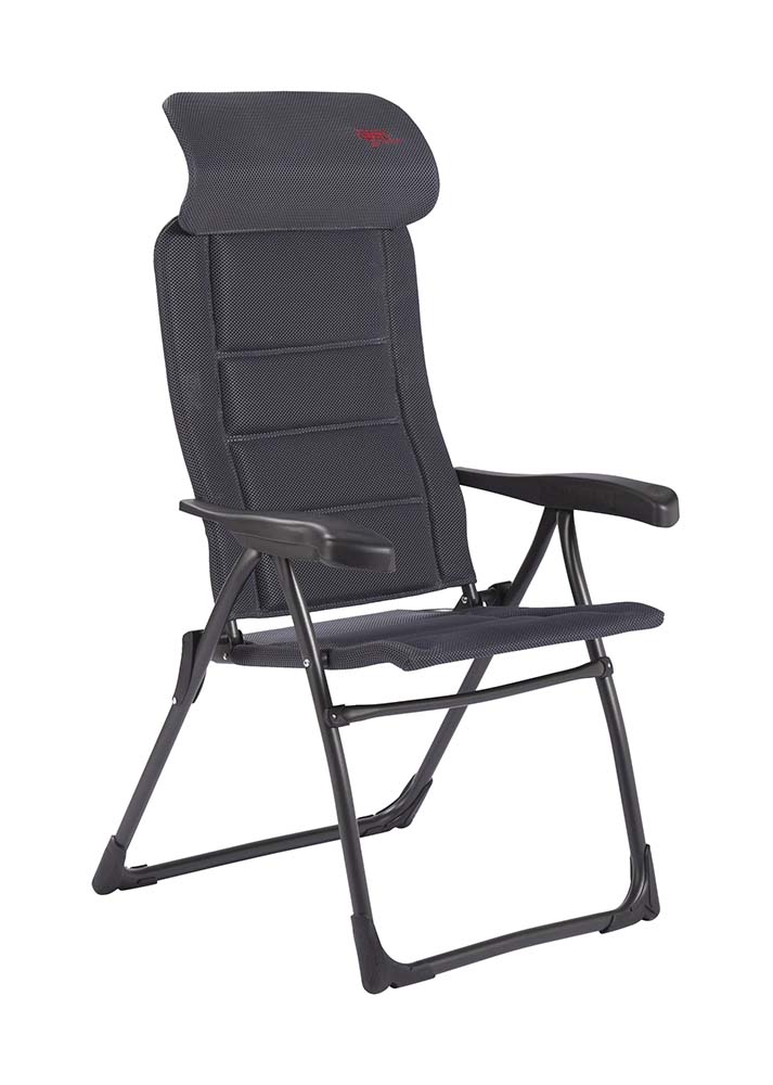1148022 Een lichtgewicht en extra stevige standenstoel met een verstelbare hoofdsteun. Deze stoel biedt maximaal comfort door de in 7 standen verstelbare rugleuning en de gepolsterde 3D stof. De comfortabele vulling van deze stof is extra luchtdoorlatend en houdt door de open celstructuur geen vocht vast. Hierdoor is de stoel veel sneller droog dan stoelen met een traditionele schuimvulling. Daarnaast zijn zowel de rugleuning, de zitting en de armleggers ergonomisch gevormd. De stoel is voorzien van een geanodiseerd U-frame voor extra stabiliteit en stevigheid. Ingeklapt is deze stoel zeer compact en daardoor gemakkelijk mee te nemen