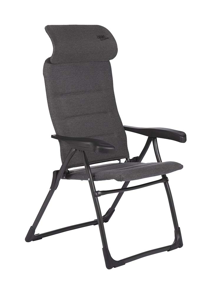 1148023 A lightweight and extra compact reclining chair. This chair offers maximum comfort with its 7 adjustable reclining positions and continuously adjustable headrest. The backrest, seat, and armrests are ergonomically shaped. The comfortable fabric is very easy to maintain, resistant to sun fading, and water-repellent. This makes the chair dry much faster than chairs with traditional foam filling. The chair features a U-frame with stabilizers and extra thick tubes for additional strength and stability. The collapsible headrest allows for extra compact storage. Up to 50% less pack volume compared to other camping chairs!