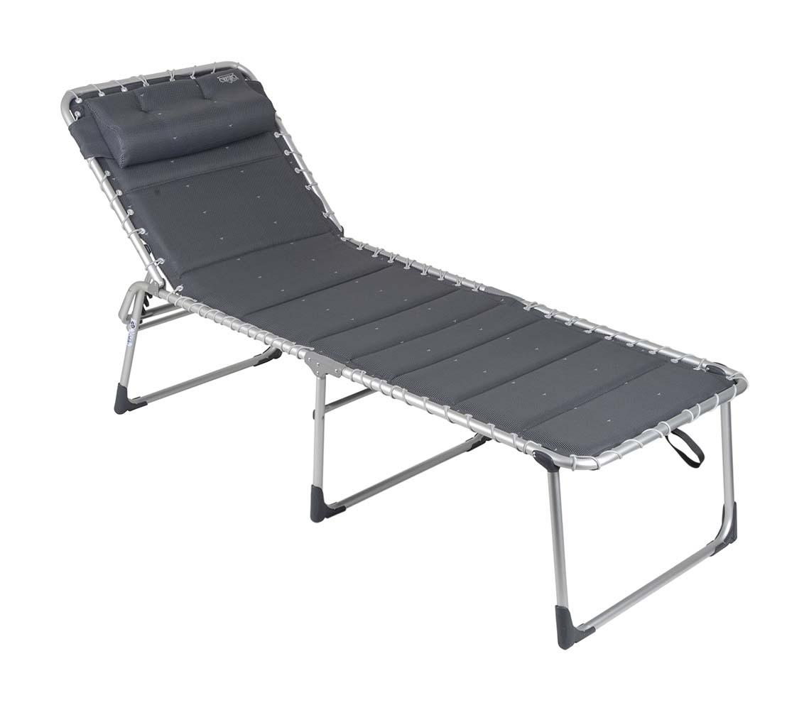 1148231 A comfortable and extra-high sunbed. This bed is fully padded and comes with a headrest for maximum comfort. The padded fabric has an open-cell structure, preventing it from retaining moisture. The backrest of this sunbed is adjustable in 5 positions, and it offers optimal comfort with elastic fastening of the fabric. Additionally, this sunbed is extra wide, extra long, and extra high for easy entry and exit. After use, it can be folded flat for convenient storage.