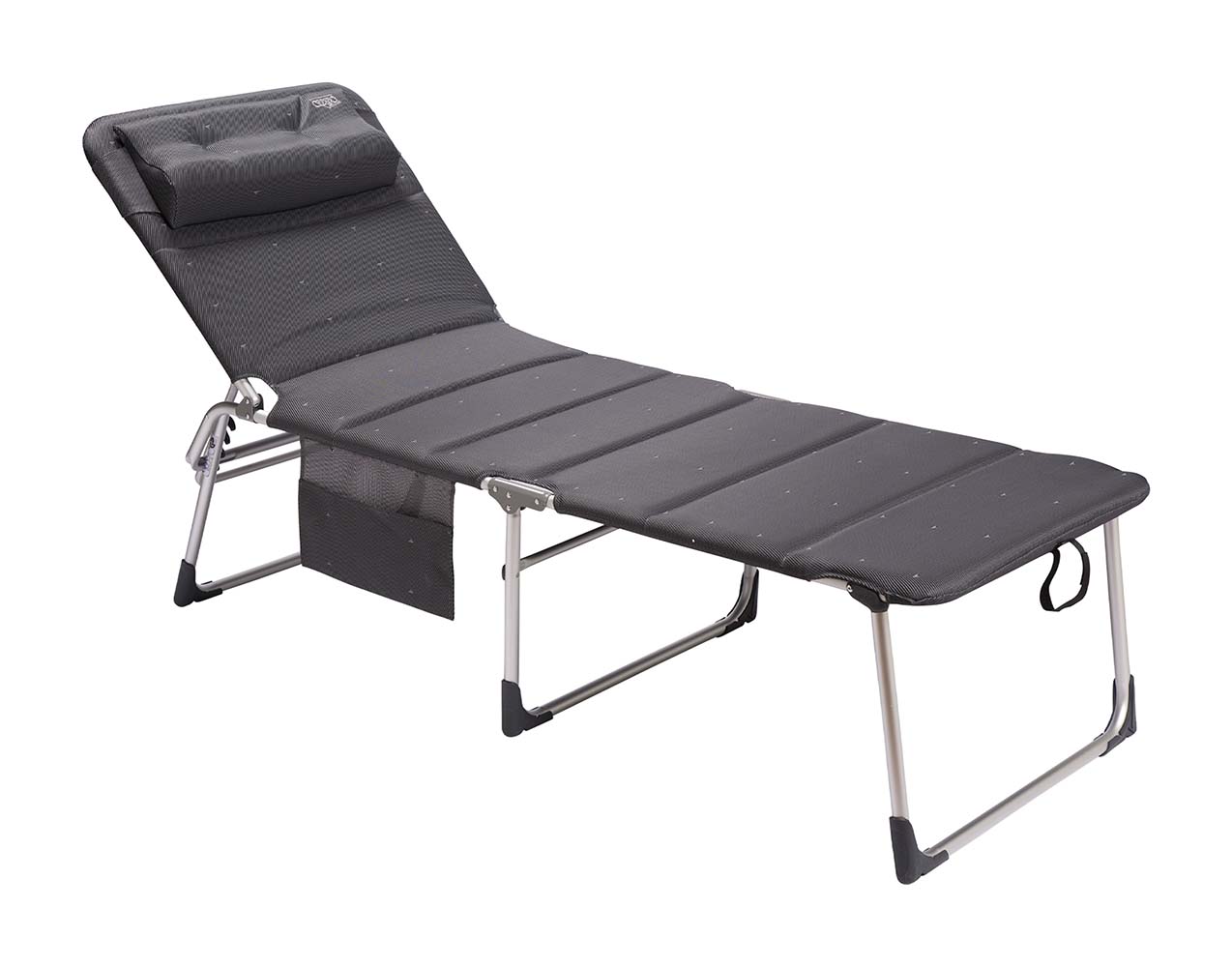 1148269 A comfortable and extra-high sunbed. This bed is fully padded and comes with a headrest for maximum comfort. The padded fabric has an open-cell structure, preventing it from retaining moisture. The backrest of this sunbed is adjustable in 5 positions, and it offers optimal comfort with elastic fastening of the fabric. Additionally, this sunbed is extra wide, extra long, and extra high for easy entry and exit. After use, it can be folded flat for convenient storage.
