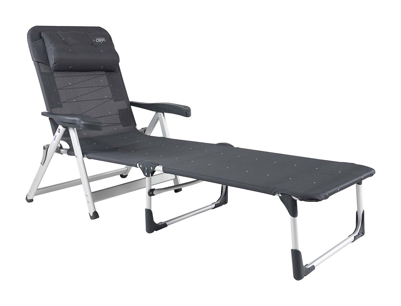 1148350 Very comfortable chair and lounger. Anodised aluminium H-shaped frame manufactured from oval tubes for extra stability and sturdiness. Backrest adjustable in seven positions. Ideal for use at the camp site and in the garden. Dimensions: length 195cm, width 54cm and sitting/reclining height 29cm. Folded up: length 87cm, width 68cm and height 19cm. Weight: 5.3kg, maximum load-bearing capacity: 140kg. Colour: dark grey (40).
