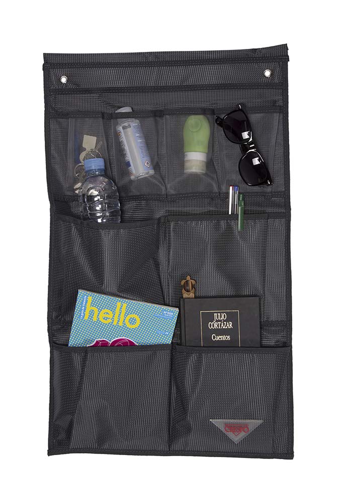 1149210 Multifunctional organizer with 8 compartments. Ideal for use in a tent, caravan, or camper. Equipped with 8 storage pockets. Can be attached with a cord or on the hanging loops.