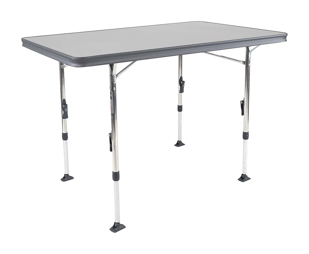 1151375 Camping table with an aluminium frame and- edge. Reinforced construction ensures a stable and lightweight table. Fitted with a heat resistant and waterproof table top. Base height easily adjusted from 48cm to 71cm. Dimensions: top size: length 110cm and width 70cm. Folded up: length 110cm, width 70cm and height 3.8cm. Weight: 6.9kg, maximum load-bearing capacity: 50kg. Colour: anthracite (09).