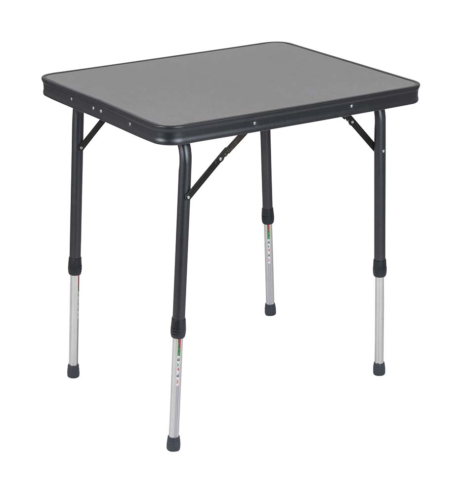 1151436 A lightweight and stable table. This camping table comes with a heat-resistant and waterproof table top and an aluminium frame with stylish grey legs. The table has infinitely adjustable legs that can be folded, making it compact and easy to transport.