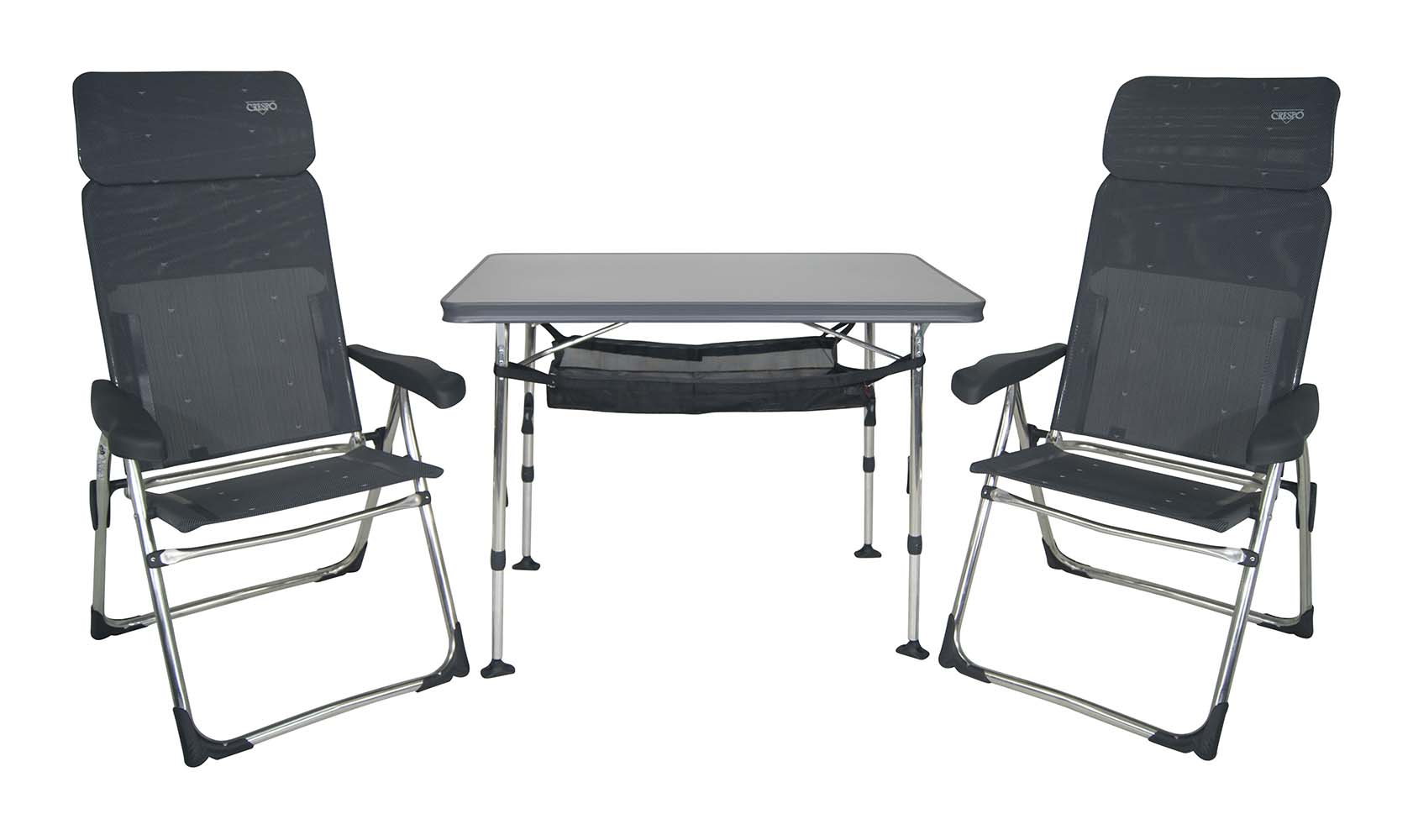 1153850 A set comprising 2 AL-213 Classic Compact chairs, a table AL-246 with storage net, and a storage bag. Extremely compact and ideal for 2 persons. The set is highly portable and comes with a storage bag. In total, the set is foldable to a thickness of only 16 cm.