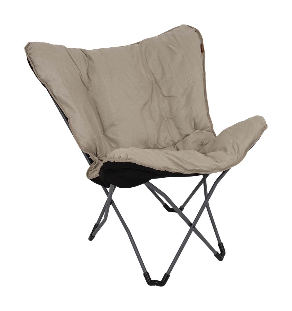 1200341 "Een 'must-have' vlinderstoel. De luxe stoel is voorzien van een stijlvol stalen frame. De zitting is gemaakt van Oxford polyester en heeft een linnen look. Daarnaast is de stof voorzien van een comfortabele gepolsterde vulling. De stoel is zeer comfortabel door de gepolsterde stof en de extra brede en diepe zit. Het frame is eenvoudig in te klappen waardoor de stoel handig mee te nemen is. Geschikt voor op de camping, in de tuin maar ook op het balkon of in huis kan deze stoel gebruikt worden."