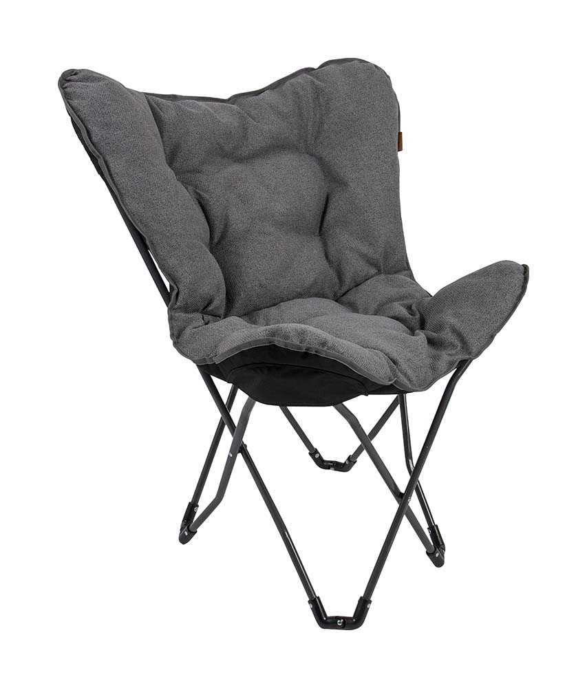 1200390 Een stijlvolle vlinderstoel uit de Urban Outdoor collectie. De luxe stoel is voorzien van een stijlvol donkergrijs stalen frame. De grijze zitting is gemaakt van Stof Nika. Stof Nika kentmerkt zich aan de een zachte touch met een robuuste uitstraling. De stoel is zeer comfortabel door de gepolsterde stof en de brede en diepe zit. Het frame is eenvoudig in te klappen waardoor de stoel handig mee te nemen is. Geschikt voor op de camping, in de tuin maar ook op het balkon of in huis kan deze stoel gebruikt worden.