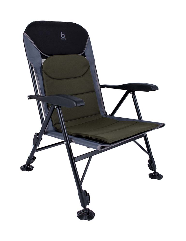 1204110 A very sturdy and comfortable fishing chair. The upholstery is made of very sturdy 600D Oxford Polyester and the frame of strong steel. Equipped with an extra wide seat and a removable cushion. The fishing chair is suitable for any surface because of the independent adjustable and reinforced feet. The fishing chair is fully foldable.