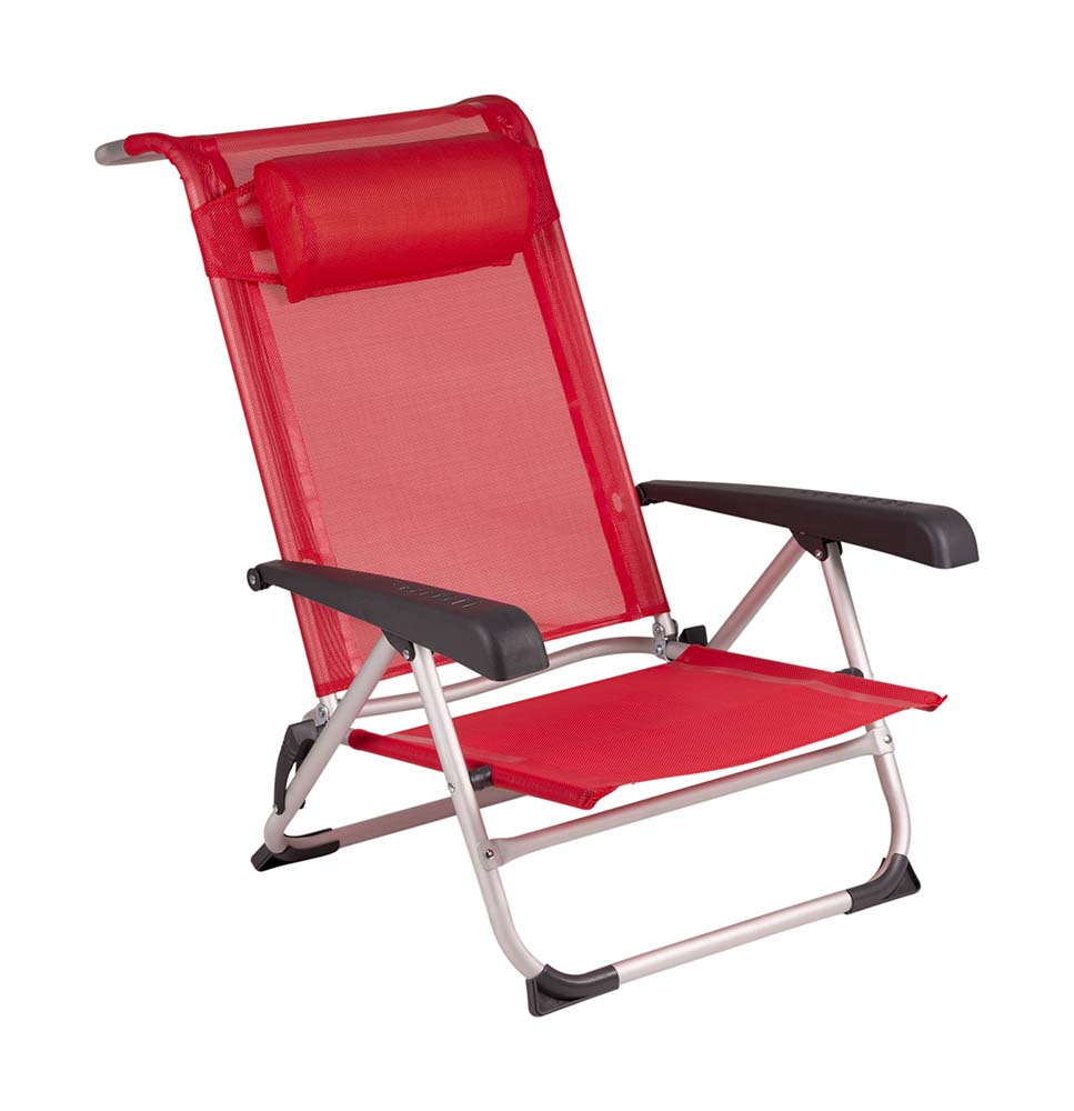 1204793 Een stijlvolle en lichtgewicht strandstoel. Deze stoel is verstelbaar in 8 standen waarvan 1 stand volledig plat ligt. Hierbij steunt de gebogen bovenkant voor ondersteuning op de grond. Daarnaast is deze strandstoel voorzien van comfortabele armleuningen, stabilisatoren voor extra stabiliteit en een verstelbaar hoofdkussen. Deze stoel beschikt over een lichtgewicht geanodiseerd aluminium frame met textileen bekleding. Eenvoudig in te klappen en zeer compact mee te nemen