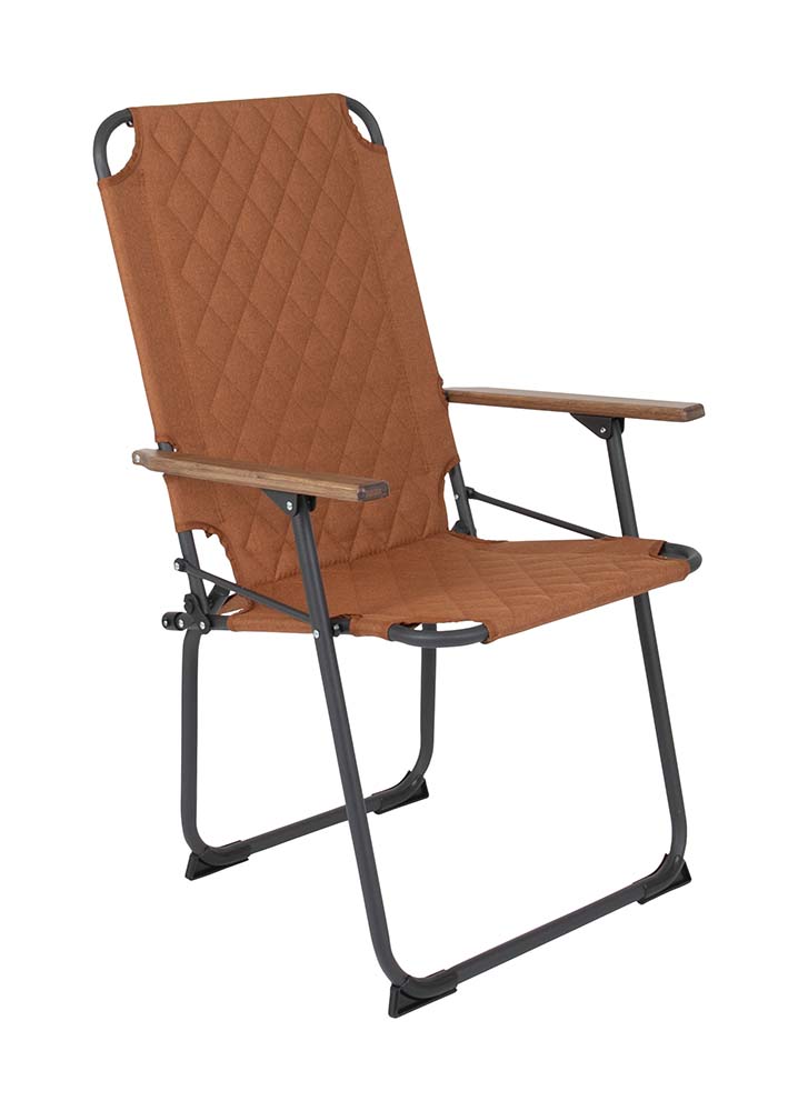 1211885 "Een extra hoge en brede comfortabele klapstoel. De klassieker met een moderne industriële uitstraling. Een stoel waarbij stijl, comfort en functionaliteit worden gecombineerd. Voorzien van een gepolsterde Cationic bekleding voor ultiem comfort, een lichtgewicht aluminium frame en bamboe armleggers. Daarnaast is het stiksel voorzien van een modern patroon. Een ideale stoel voor in de tuin of op de camping, maar ook op het balkon en in de woonkamer. Daarnaast is deze stoel voorzien van extra stabilisatoren en een 'safety-lock' tegen ongewenst inklappen. Compact mee te nemen."