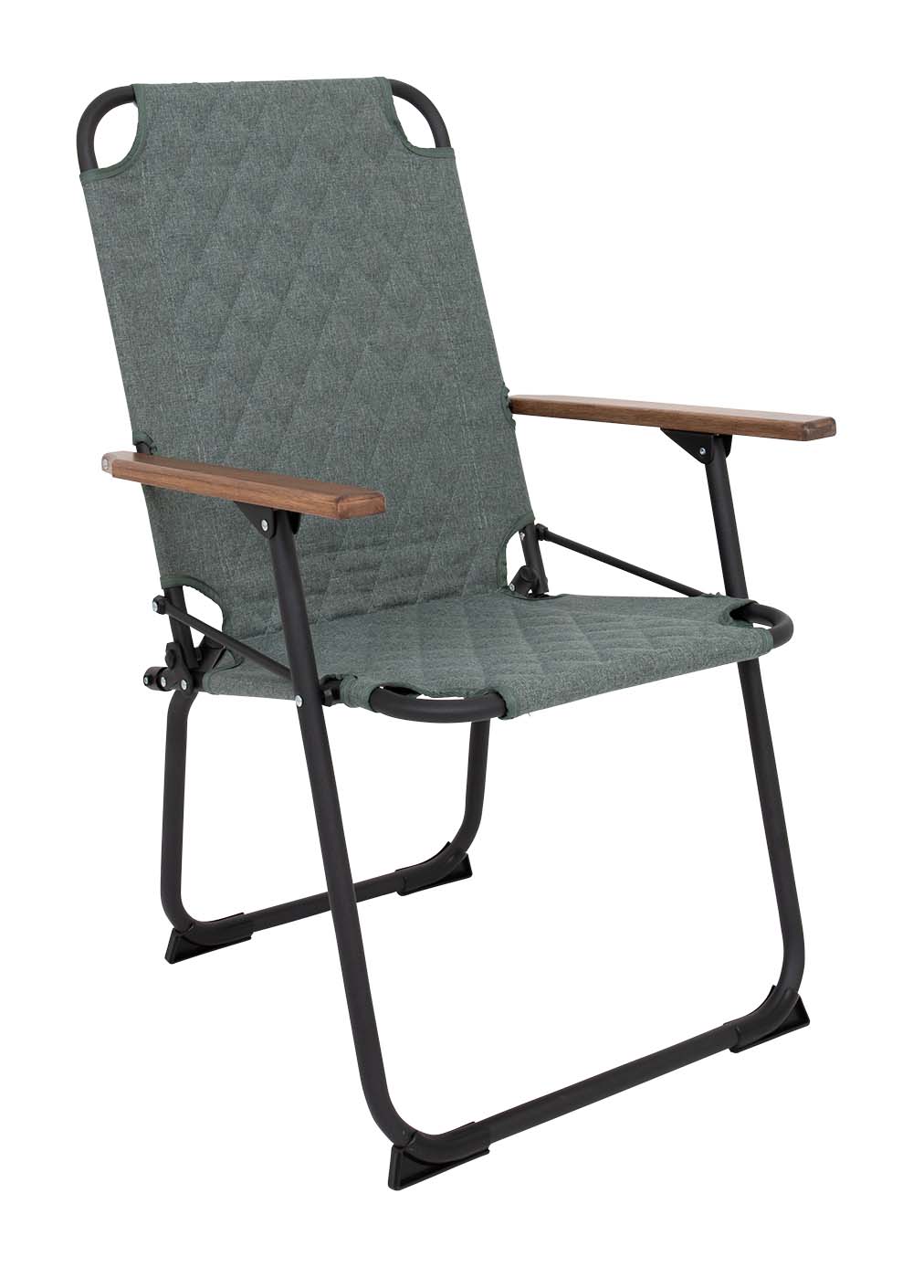 1211896 "De klassieker met een moderne industriële uitstraling. Een stoel waarbij stijl, comfort en functionaliteit worden gecombineerd. Voorzien van een gepolsterde Cationic bekleding voor ultiem comfort, een lichtgewicht aluminium frame en bamboe armleggers. Daarnaast is het stiksel voorzien van een modern patroon. Een ideale stoel voor in de tuin of op de camping, maar ook op het balkon en in de woonkamer. Daarnaast is deze stoel voorzien van extra stabilisatoren en een 'safety-lock' tegen ongewenst inklappen. Compact mee te nemen."
