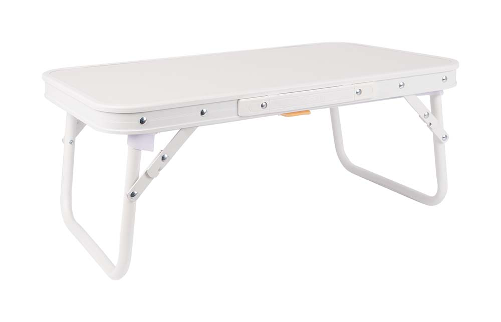 1404170 A stylish aluminum folding table with an light colored wood-look table top from the pastel collection. The table is very compact to store due to the folding legs. In addition, the table is equipped with a net under the MDF table top to store items.