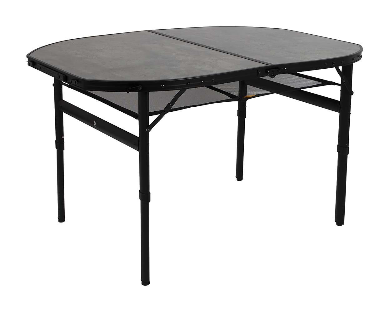 1404187 Een stijlvolle ovale aluminium tafel met een industriële uitstraling en betonlook tafelblad. Door middel van stelschroeven zijn de tafelpoten af te stellen op een ongelijke ondergrond. Daarnaast is de tafel zeer compact als koffermodel op te bergen door de afneembare poten en een deelbaar blad. Bovendien is de tafel voorzien van een net onder het MDF tafelblad om spullen in op te bergen, en een handgreep waardoor de tafel gemakkelijk is mee te nemen. De tafel is in hoogte verstelbaar: 36/70 cm.