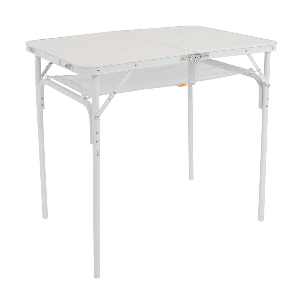 1404241 Een stijlvolle aluminium tafel met een en lichte houtlook tafelblad uit de pastel collectie. Door middel van stelschroeven zijn de tafelpoten af te stellen op een ongelijke ondergrond. De poten zijn in 4 verschillende hoogtes verstelbaar (36/50/67/81). Daarnaast is de tafel zeer compact als koffermodel op te bergen door de afneembare poten en een deelbaar blad. Bovendien is de tafel voorzien van een net onder het MDF tafelblad om spullen in op te bergen, en een handgreep waardoor de tafel gemakkelijk is mee te nemen. Ingeklapt (lxbxh): 60x45x7 cm.