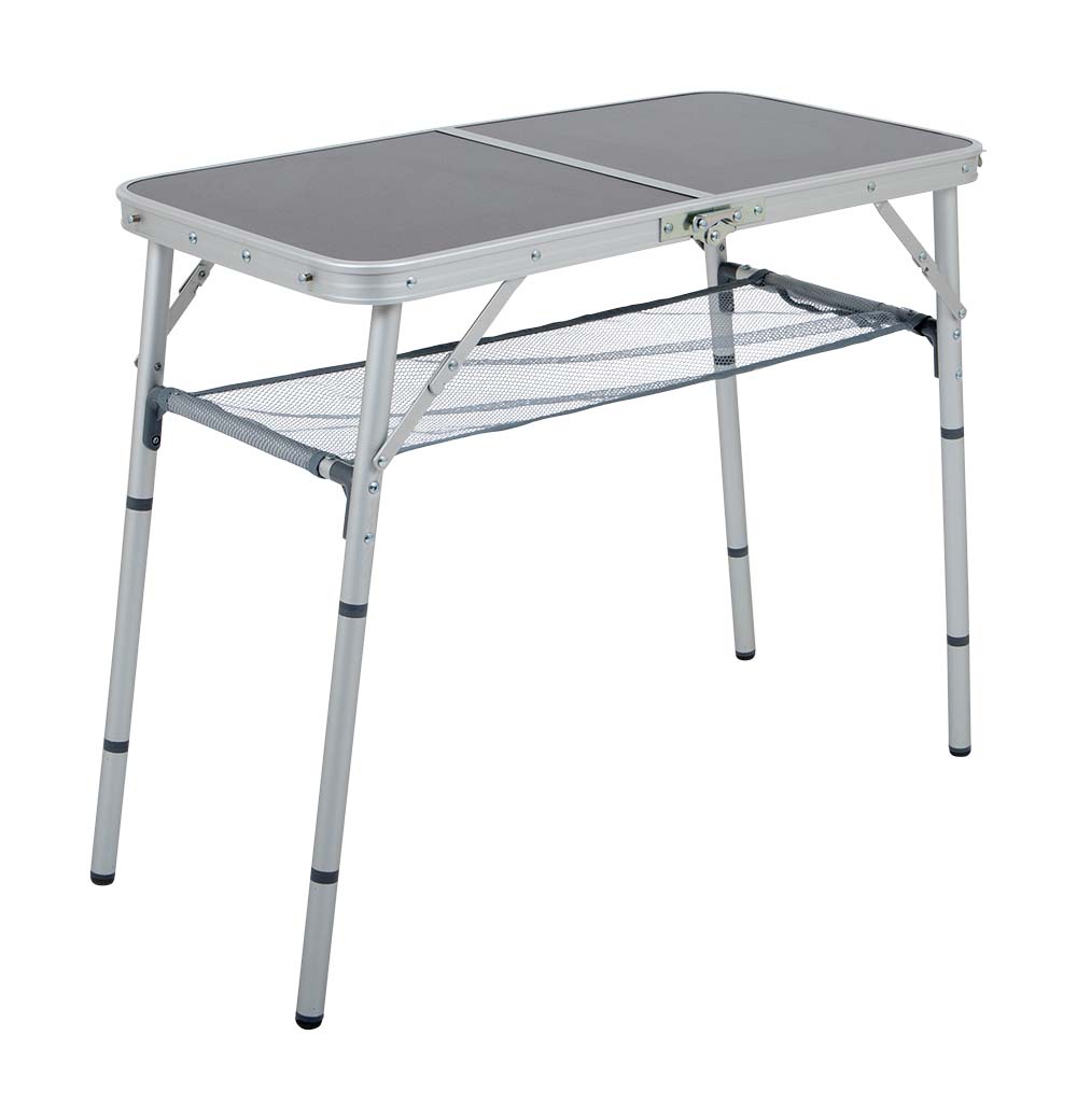 1404395 A very stable camping table. This table has removable legs and a divisible table top. This makes the table easy to fold to a suitcase model. Made of light weight aluminium The legs are adjustable to 4 heights (30/44/54/68 cm) and have adjusting screws for fine tuning. Under the table top there is a net to store items. Folded up (LxWxH): 40x40x7 centimetres.
