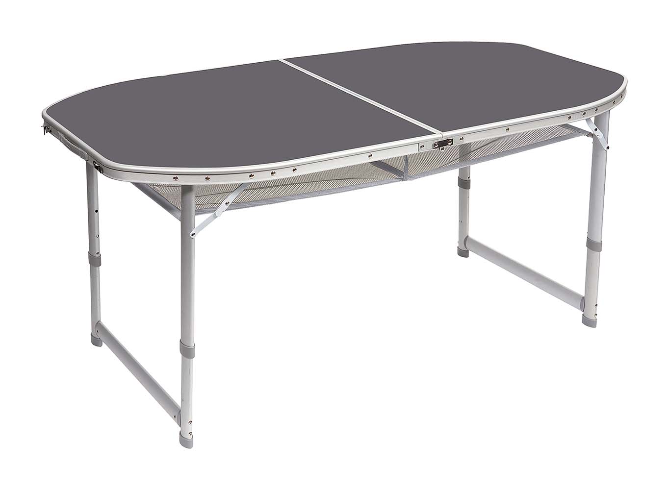 1404399 Een stabiele ovalen campingtafel. Deze tafel heeft verstelbare poten, stelschroeven voor extra fijnstelling en een deelbaar tafelblad. Hierdoor is de tafel eenvoudig op te vouwen tot koffermodel. Gemaakt van lichtgewicht aluminium. De poten zijn in 3 verschillende hoogtes verstelbaar (55/65/70 cm). Onder het tafelblad is een net bevestigd om spullen op te bergen. Ingeklapt (lxbxh): 80x75x7cm.