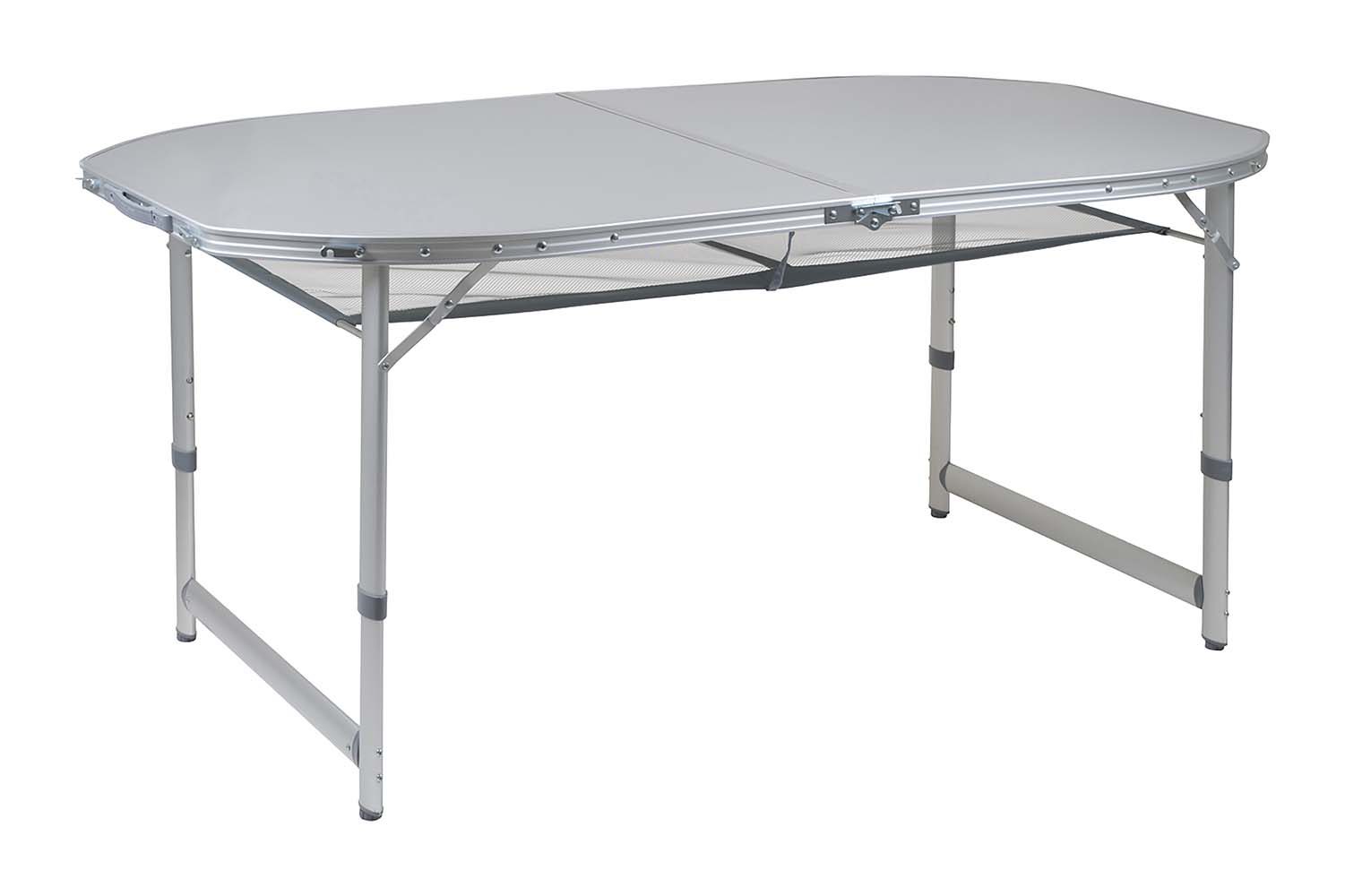 1404405 Een stabiele ovalen campingtafel met een watervast en hittebestendig tafelblad. Deze tafel heeft verstelbare poten, stelschroeven voor extra fijnstelling en een deelbaar tafelblad. Hierdoor is de tafel eenvoudig op te vouwen tot koffermodel. Gemaakt van lichtgewicht aluminium met een watervast en hittebestendig tafelblad. De poten zijn in 3 verschillende hoogtes verstelbaar (55/65/70 cm). Onder het tafelblad is een net bevestigd om spullen op te bergen. Ingeklapt (lxbxh): 80x75x7 centimeter.