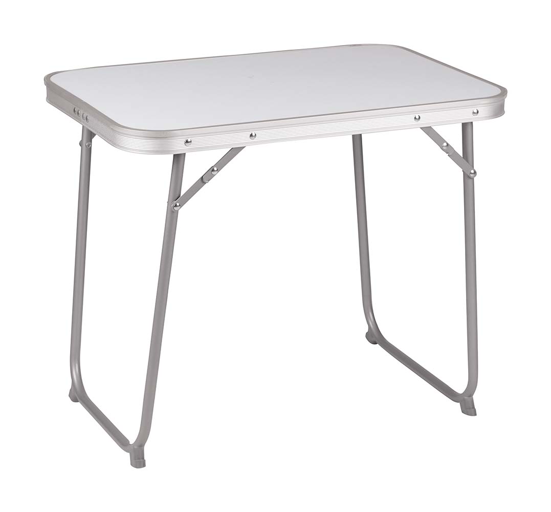 1404425 Een compacte tafel. Deze campingtafel beschikt over een stalen frame en een stevig tafelblad. Daarnaast is de tafel voorzien van extra stabilisatoren. Eenvoudig in te klappen en compact op te bergen. Ingeklapt (lxbxh): 60x40x5 centimeter.