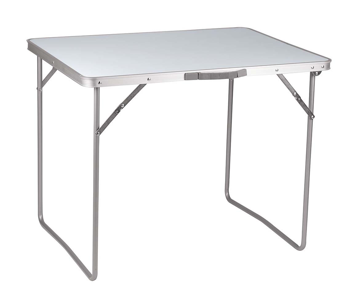 1404426 A stable camping table. This camping table has a steel frame and an MDF top. Easy to fold up, compact to store and with a solid handle in order to carry the table easily. Folded up (lxwxh): 80x60x6 centimetres.