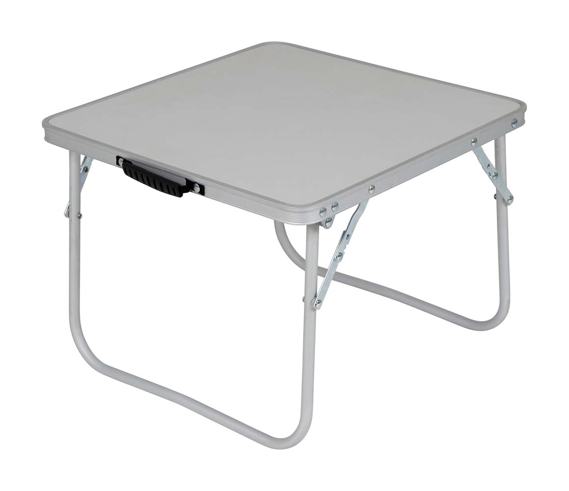 1404432 Een zeer compacte campingtafel.  De tafel is voorzien van een stalen frame en MDF tafelblad. Zeer eenvoudig in te klappen en compact op te bergen.
