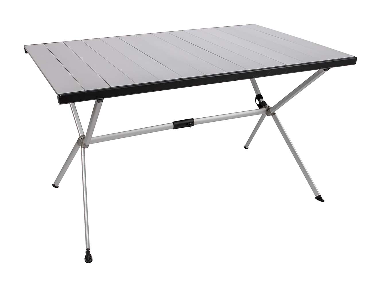 1404438 A very stable, alumunium cross leg table. This table is fully foldable and convenient to carry. The table top can be rolled up completely. Also the the legs can be folded.