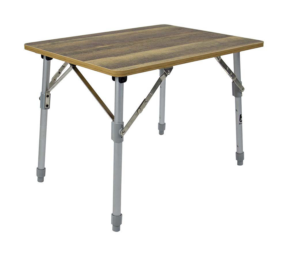 1404458 A lightweight but very stable camping table. The table has a fiberglass top with plastic edge that is heat and water resistant. The frame is made of aluminum and the camping table has feet with stabilizers so that the table stands firm on any surface. The legs are also height adjustable: 44/59/72 cm.
