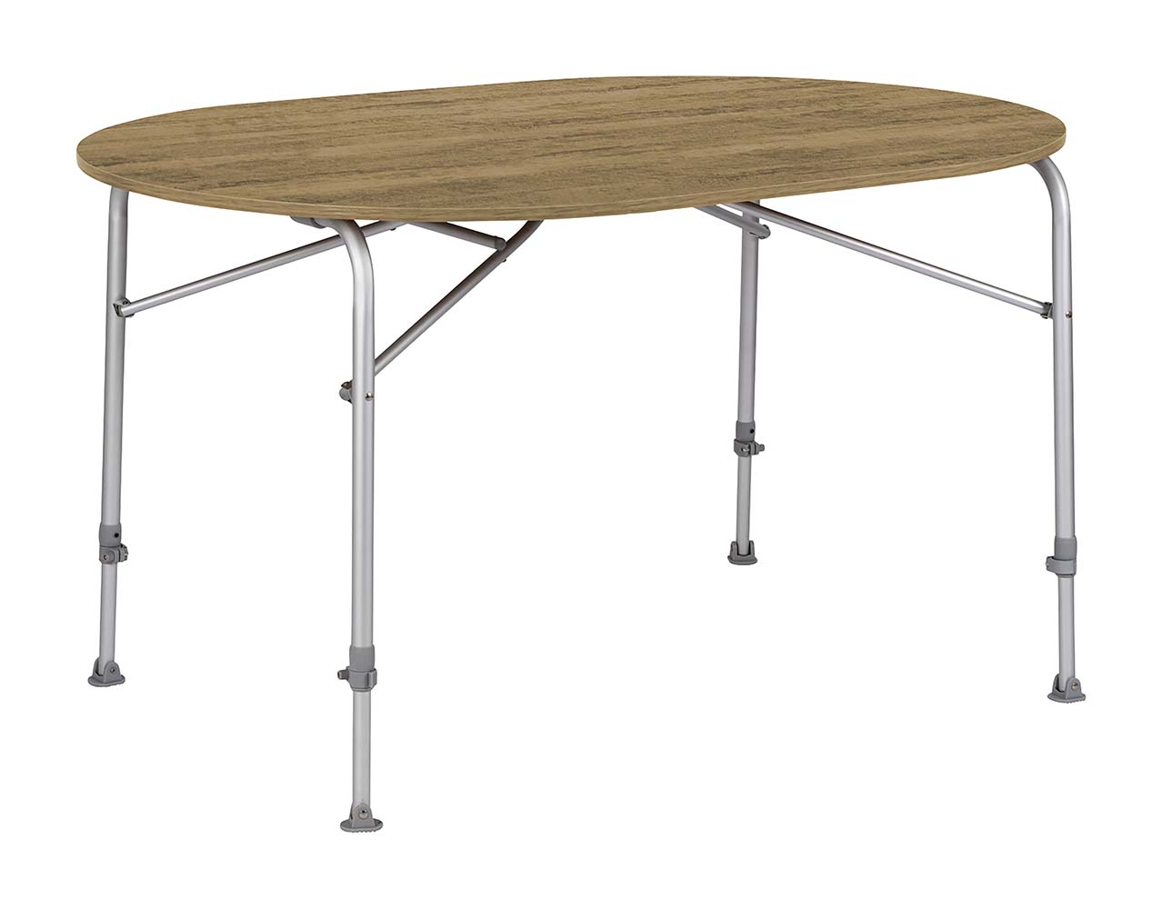 1404466 An extremely lightweight but very stable camping table with woodlook top. The table top is made of glass fiber with a plastic edge which is heat and water resistant. Equipped with an aluminum frame, height adjustable legs (59-72 cm) and stabilizers so that they stand firmly on any surface. In addition, the legs can be firmly secured with the rotary knobs in the adjustment system. Lightweight so ideal to take with you.