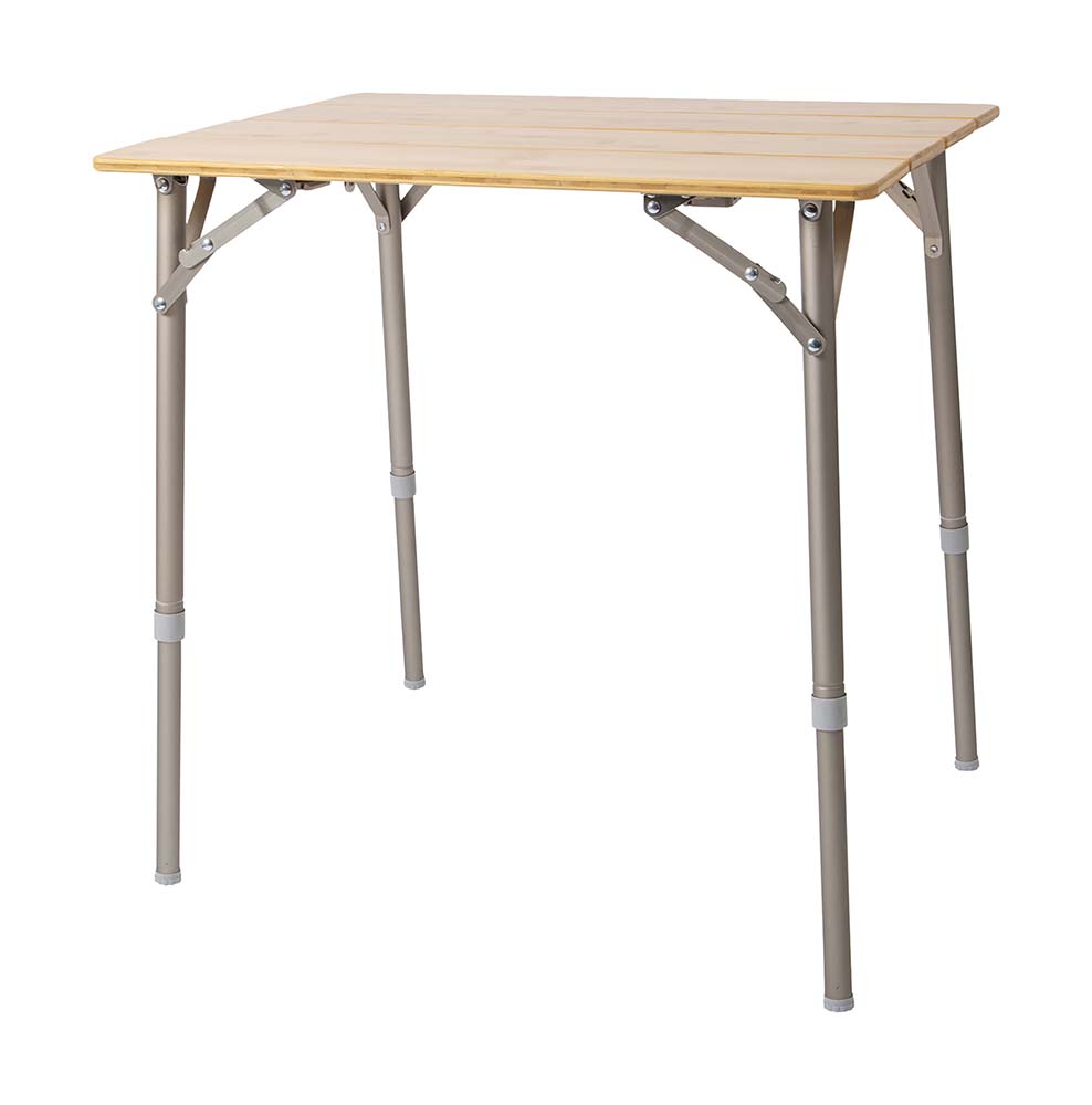 1404645 Een extra compacte en luxe tafel. Deze watervaste tafel beschikt over een zeer stevig frame met een dik bamboe tafelblad. Heeft inklapbare poten en een deelbaar lamellen tafelblad. Door de 4 lamellen van de tafel op te vouwen is de tafel compact in te klappen en te vervoeren. De Air-Craft aluminium tafelpoten zijn in hoogte verstelbaar (43 tot 65 cm). Binnen enkele seconden op te zetten. Wordt geleverd in een handige draagtas.