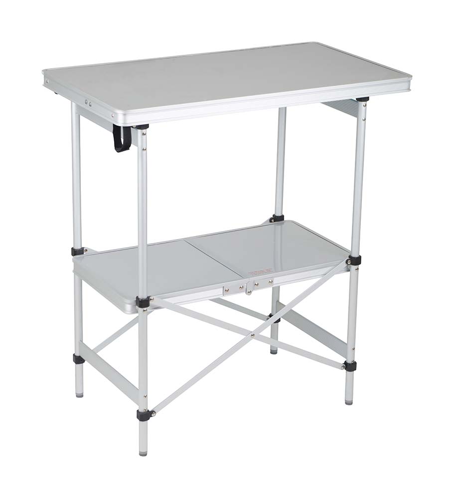 1509275 A very compact cooking table. This support sheet is heat resistant and waterproof. Provided with a second tray for extra storage space. Very simple to fold up into a plat package (LxWxH): 77.5x42x12.5 centimetres.