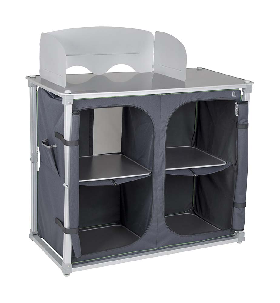 1593650 A compact cooking island with a unique construction. Due to its unique construction, this cupboard is extremely quick to erect and collapse. With an extra sturdy 600 denier polyester cover with 4 handy shelves. The support sheet of this cooking island is heat resistant, waterproof and equipped with a wind screen (lxw: 61,5x44 cm). Suitable for a 4-burner gas stove. The adjustable legs are separately adjustable so the closet is stable on almost any surface. Comes in a carry bag Folded up (LxWxH): 52.5x103x14.5 centimetres.