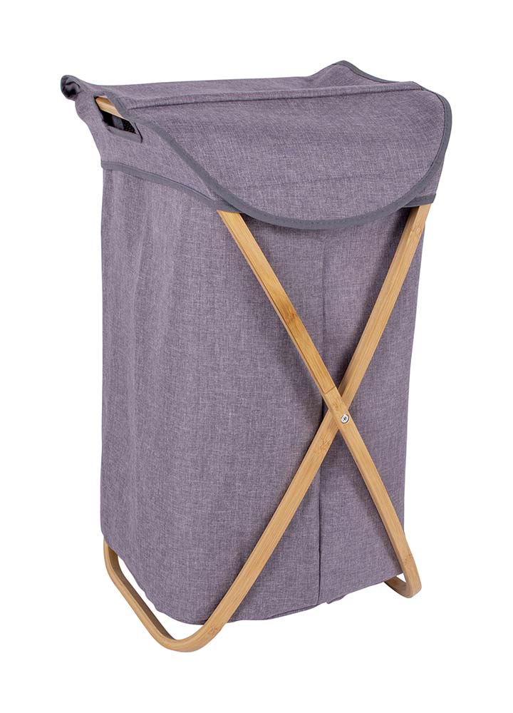 1609324 A stylish laundry bag or storage basket. Made of Oxford polyester fabric with a stylish linen look. In addition, equipped with a bamboo frame. Includes a lid that can be opened and closed. Ideal for at home in the bathroom or in the tent.