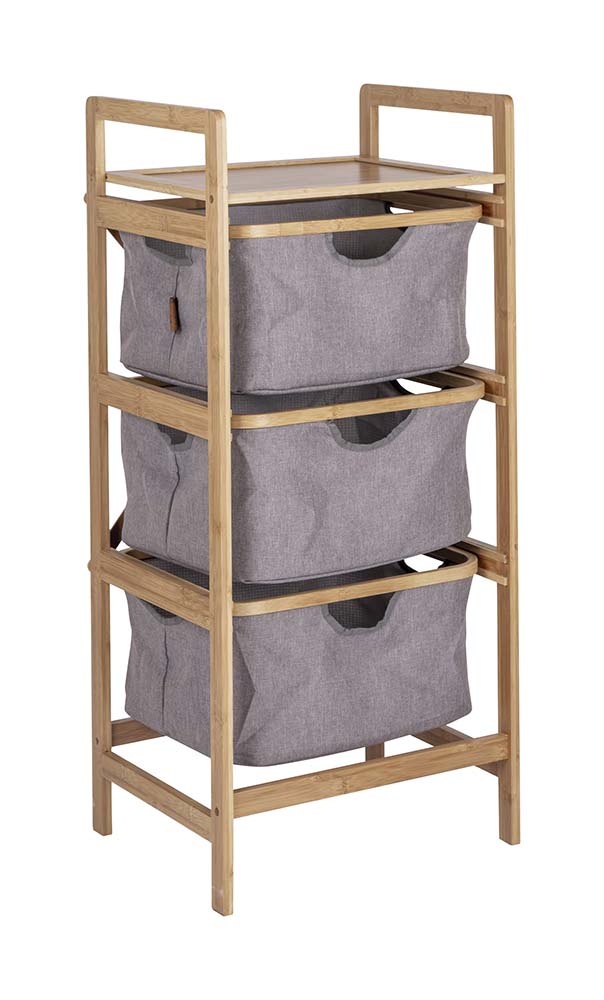 1609328 A modern designed camping cupboard with 3 extendable baskets. The cabinet has a bamboo frame and has very nice finished details. Ideal for in the tent, at home in the bathroom or on the balcony.