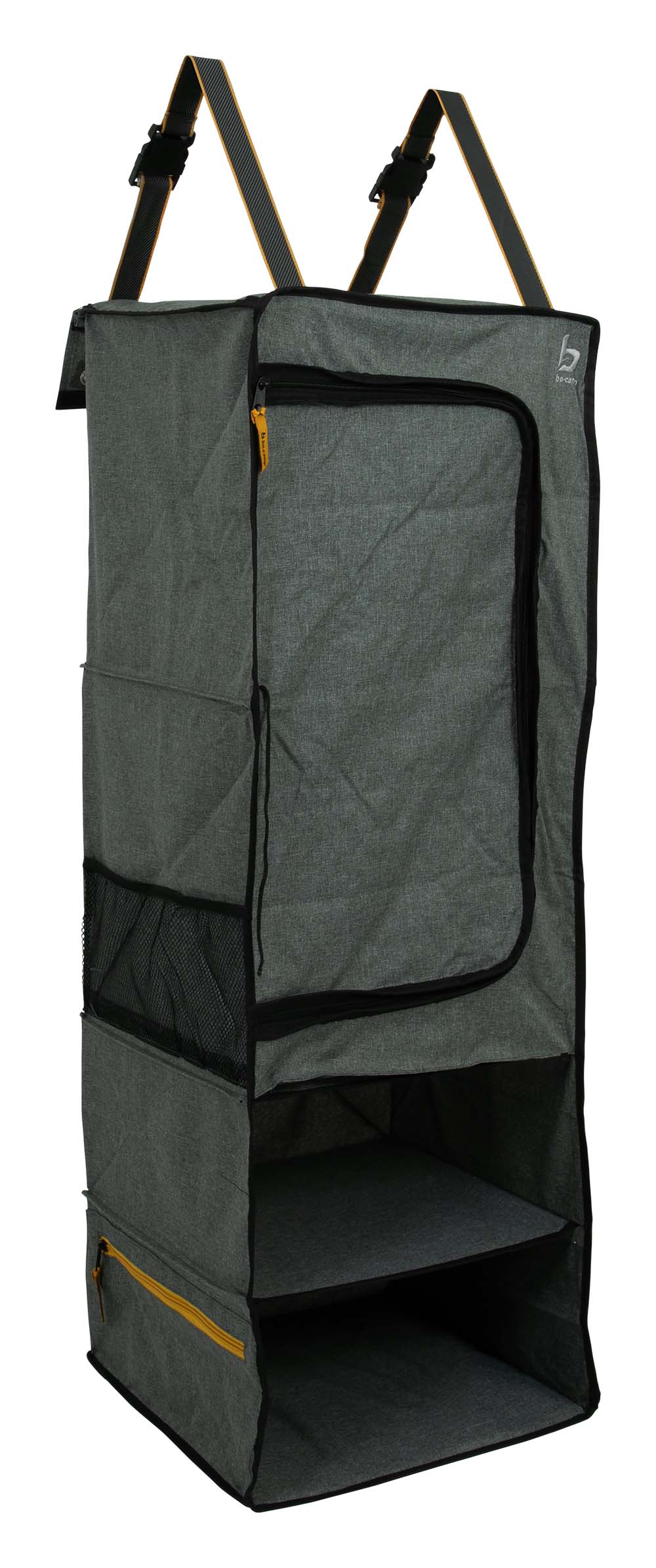 1709270 A 4 compartment hanging wardrobe from the Industrial collection. Has 4 spacious compartments.  The top 2 compartments can be closed with a roll-up door. Includes 2 mesh side pockets and 2 zippered side pockets. This organiser can be hung with straps to the tent pole. The loops at the bottom provide additional fixation. Made of extra sturdy Cationic.