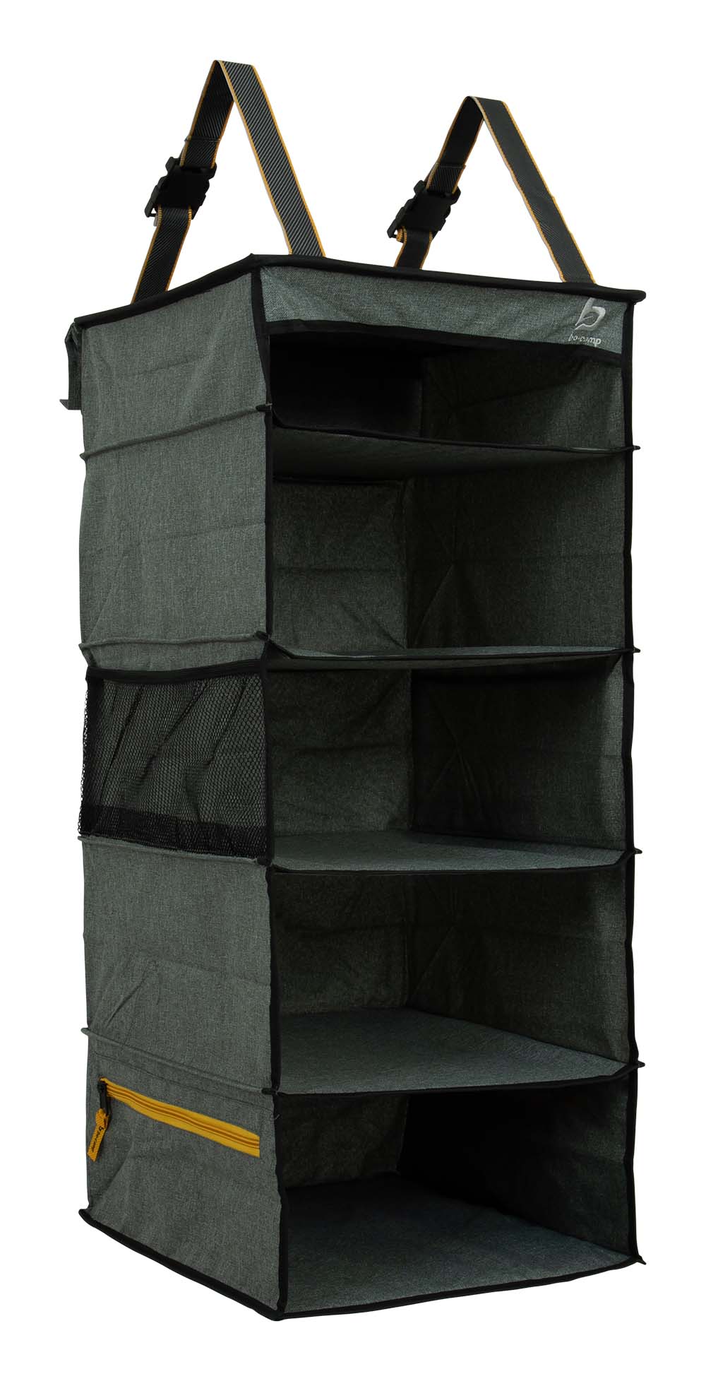 1709279 A 5 compartment hanging wardrobe from the Industrial collection. Has 5 compartments where you can optionally place a drawer (not included).  Includes 2 mesh side pockets and 2 zippered side pockets. This organiser can be hung with straps to a tent pole. The loops at the bottom provide additional fixation. Made of extra sturdy Cationic.
