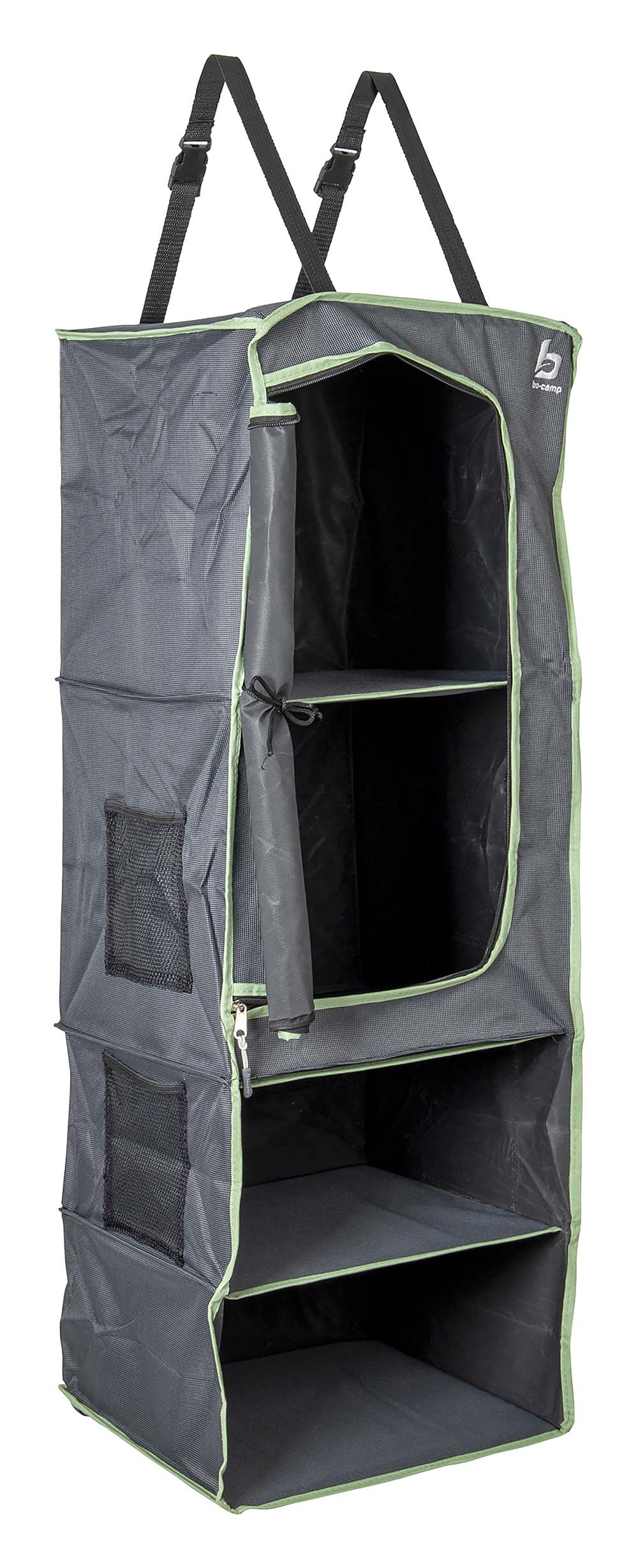 1709379 A foldable 4-compartment organiser. Has 4 spacious compartments which can be closed using roll-up doors. Can be easily mounted in various ways. This organiser can be hung with straps. The loops at the bottom provide for extra stability. Made of extra strong 600D Two Tone polyester.