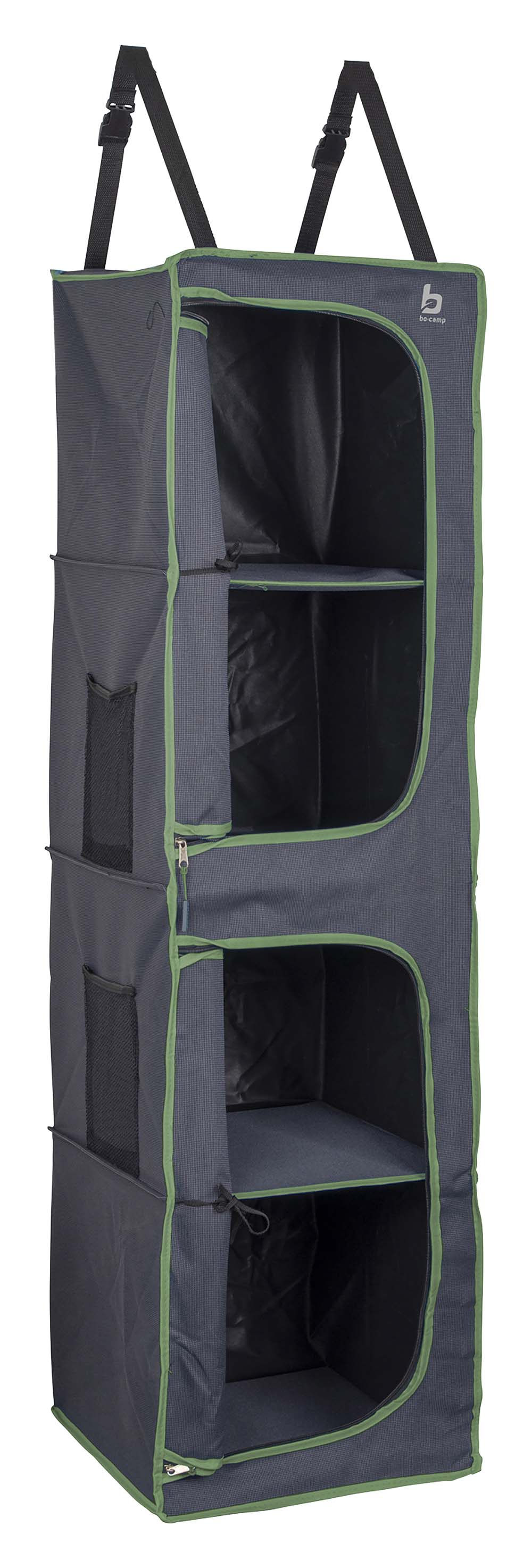 1709380 A 4 compartment hanging wardrobe. Has 4 spacious compartments which can be locked with the rollable doors. This organiser can be hung with straps to the tent pole. The loops at the bottom provide additional fixation. Made from an extra sturdy Two-Tone 600D Oxford Polyester.