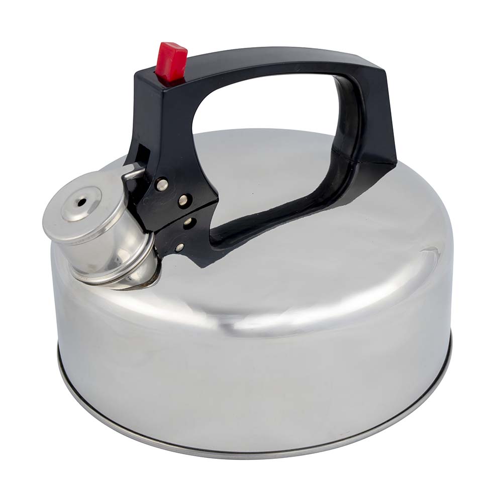 2100339 An extremely sturdy tea kettle. Made from stainless steel and equipped with an extra sturdy bottom. The kettle can be opened with the heat-resistant button.