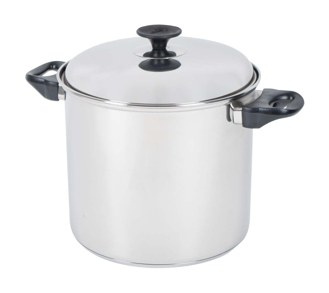 2100410 A large, sturdy stockpot. The pan is equipped with a high quality double walled capsule bottom. This pan also has heat resistant hand grips and a heat resistant knob on the lid. Can be used on gas, ceramic and electrical heat sources.