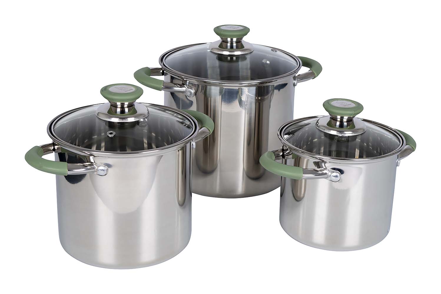 2100922 A robust 3-part stainless steel cookware set. These high cooking pans are equipped with sturdy and heat-resistant hand grips and a heat-resistant knob on the lid. These narrow and high pans are extremely suitable for the limited space on gas burners. Can be used on gas, ceramic and electrical heat sources. Dimensions (Øxh): 14x13, 16x15 and 18x17 cm. Contents: 2, 3 and 4.3 litres.