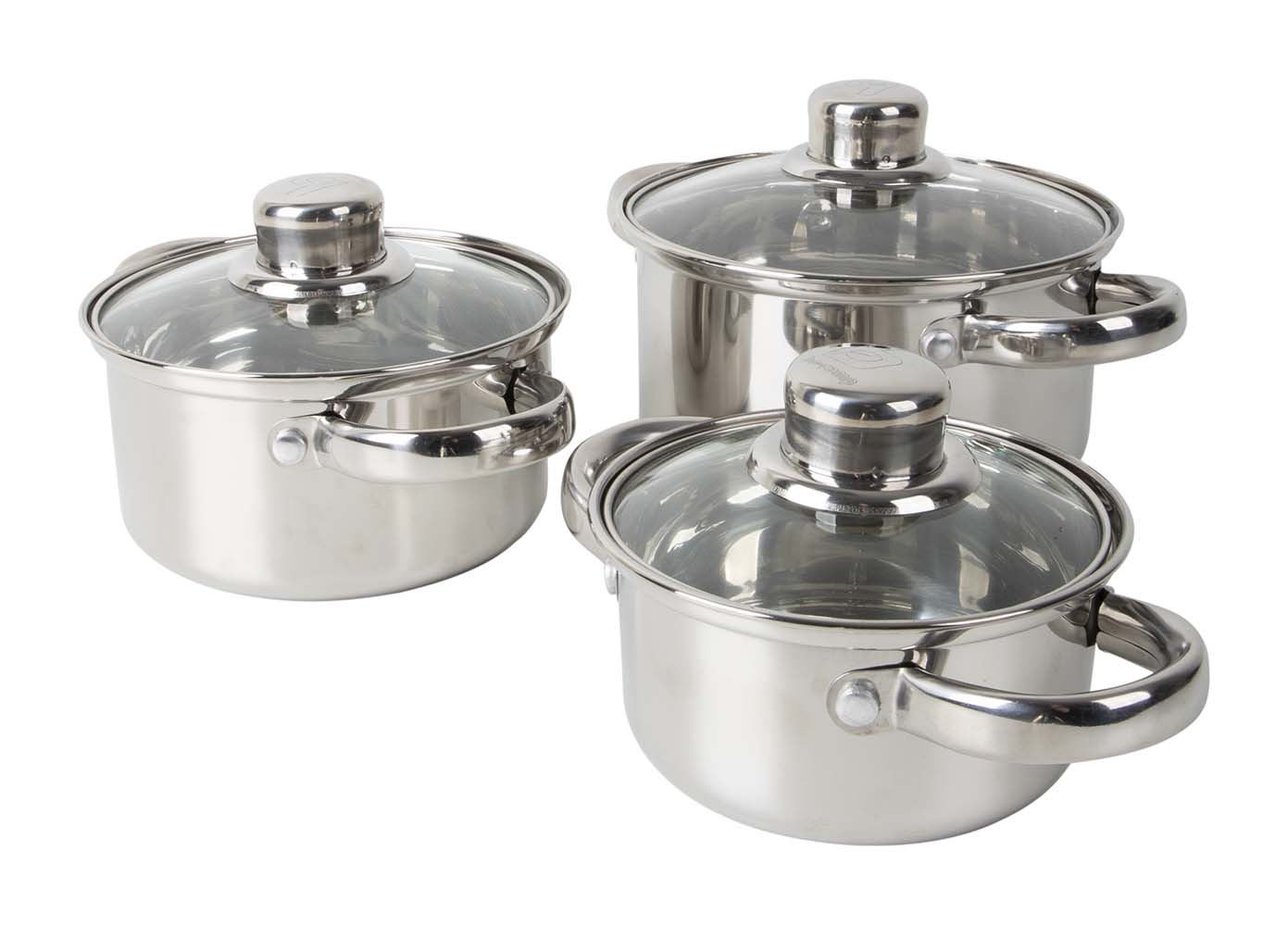 2100937 A 3-piece stainless steel cookware set. Each pan has a sturdy glass lid. These narrow and low pans are ideal for the limited space on gas cookers. To be used on the heat sources gas, ceramic and electric. Dimensions (Øxh): 12x7, 14x8 and 16x9 cm. Contents: 650 ml, 1 liter and 1.6 liters.