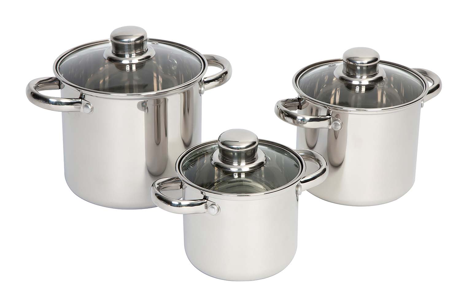 2100940 A 3-part stainless steel cookware set. Each pan has a sturdy glass lid. These narrow and high pans are extremely suitable for the limited space on gas burners. Can be used on gas, ceramic and electrical heat sources. Dimensions (Øxh): 12x11, 14x13 and 16x15 cm. Contents: 1,3, 2 and 3 litres.