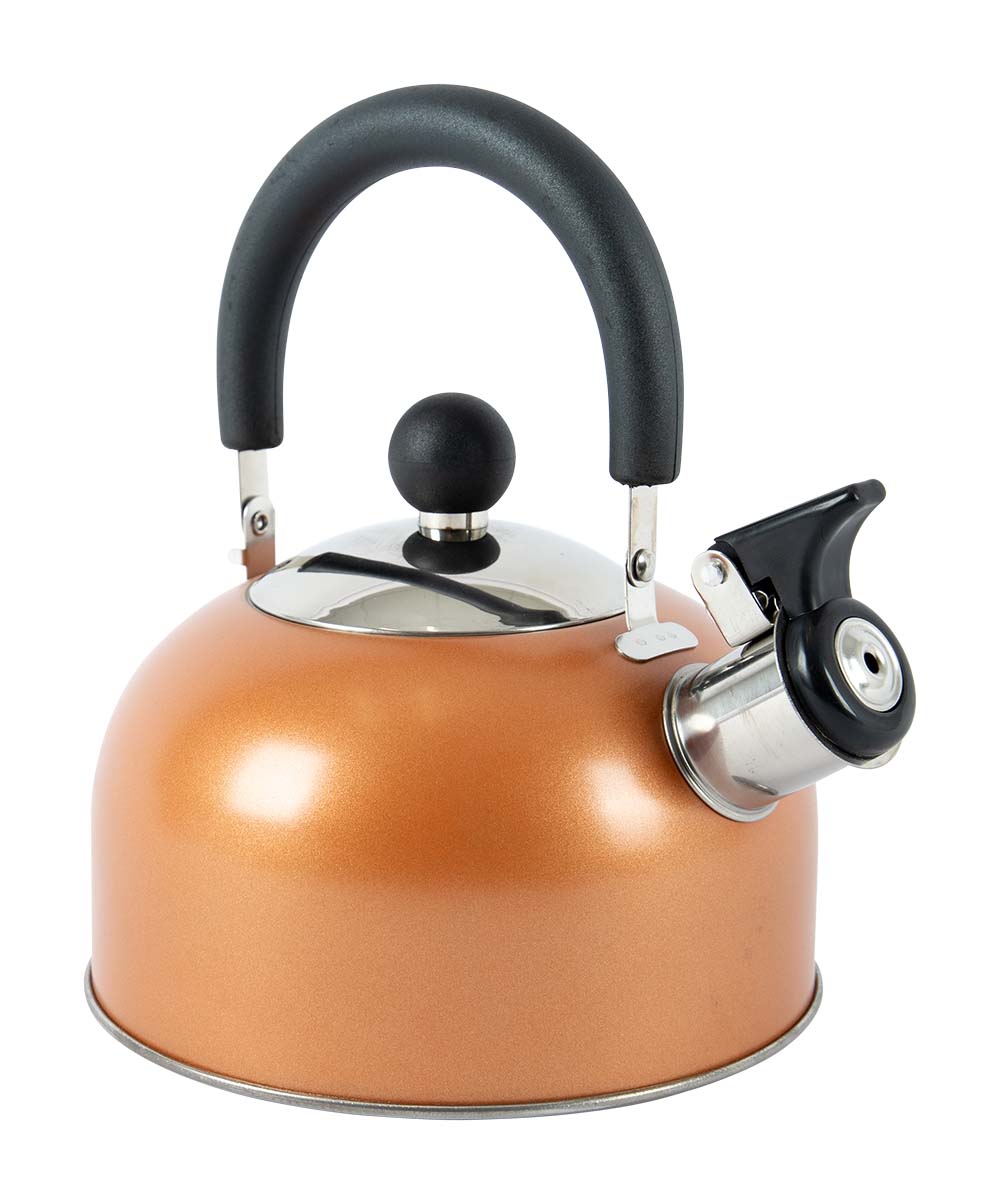 2102055 A stylish and compact tea kettle from the Industrial collection. The kettle is made of a bronze-colored stainless steel and features an extra sturdy bottom. Extra compactdue to the foldaway whistling cap and handle. Ideal for travel.