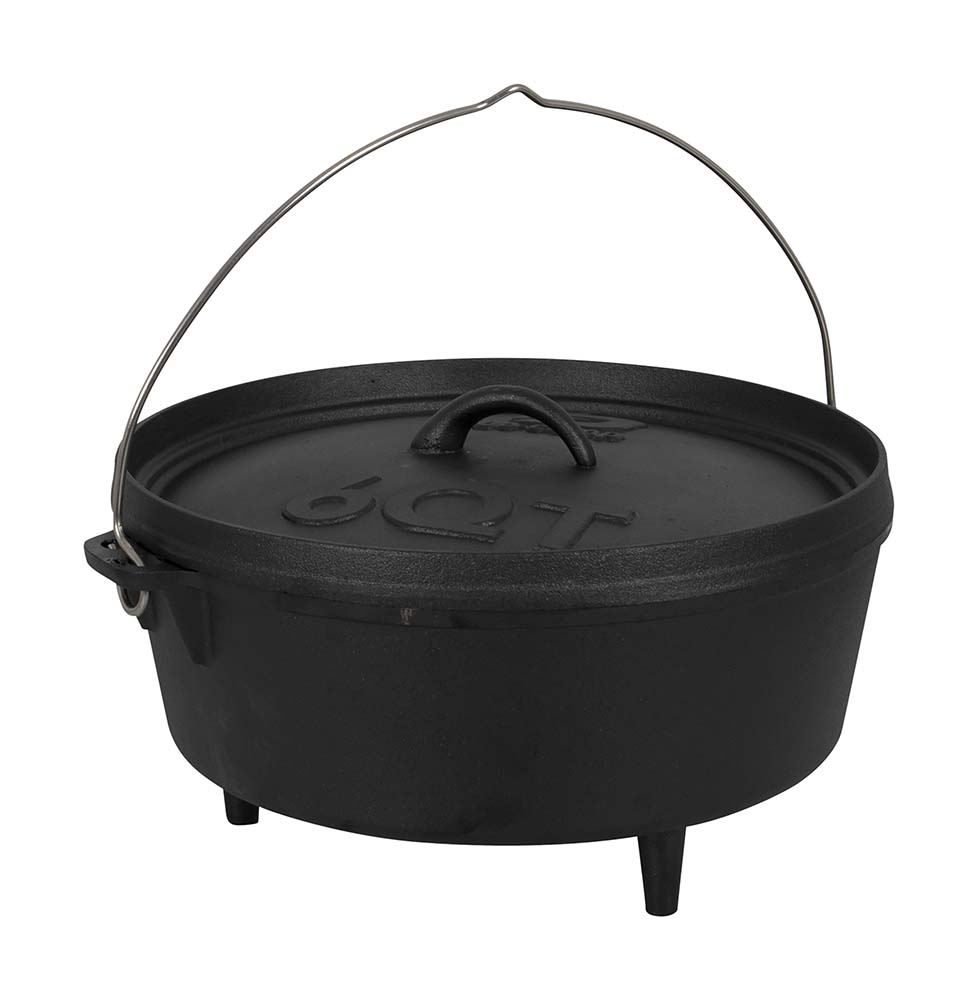 2122410 "A traditional and multifunctional cast iron pan. This Dutch Oven is extremely suitable for preparing meals over an open fire or hot coals. The solid cast iron ensures optimum heat distribution so that the pan can be used without problems for baking, roasting, frying, boiling or stewing. The pan has a 'pre-seasoned' coating against sticking and rusting. Can also be used as oven by placing glowing charcoal briquettes on the lid. At the bottom there are 3 feet so that the pan can be placed stably in the fire. Has a handle to hang the pan on a tripod. Contents: 5 litres."