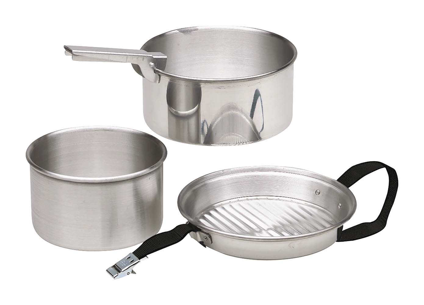 2200100 Complete 4-part light weight cookware set. This pan set is made from aluminium and is therefore lightweight. These aluminium pans can be used on gas, ceramic and electrical heat sources. The set consists of 2 sauce pans, a frying pan, 2 mugs and a pot handle. The pans are fully nestable and can be attached by means of the supplied strap. Dimensions of pans (Øxh): 17x8, 14x8 and 17x3.5 cm. Dimensions nested (Øxh): 17x12 cm. Contents: 1.3 and 1.8 litre.