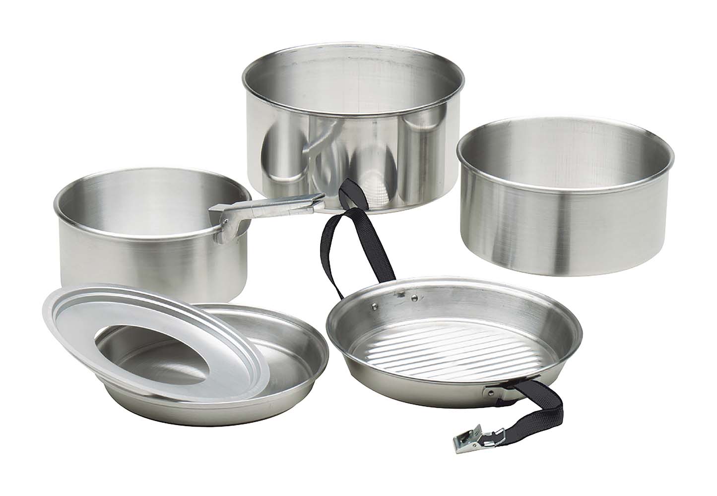 2200150 Complete 7-part light weight cookware set. The set consists of 3 sauce pans, 2 frying pans, a stacking ring and a pot handle. Made from sturdy and light weight aluminium These aluminium pans can be used on gas, ceramic and electrical heat sources. This set is fully nestable and can be attached by means of the supplied strap.
